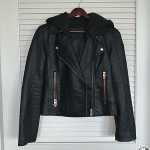 BlankNYC Hooded Faux Leather Moto Jacket